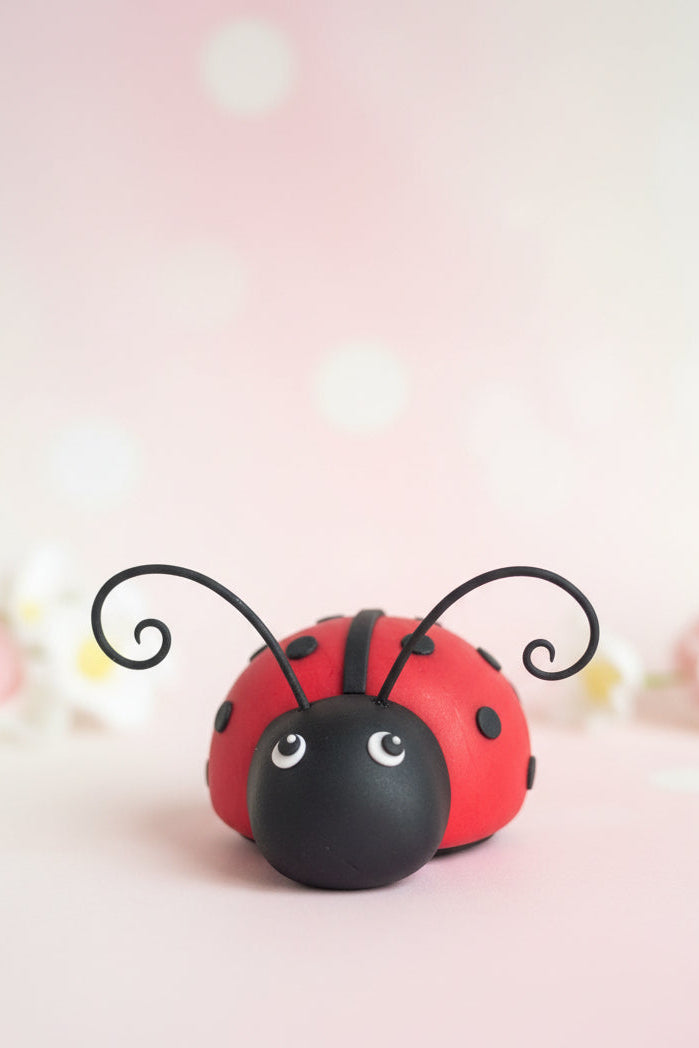 Handcrafted red ladybug fondant cake topper figure with black dots and antennae