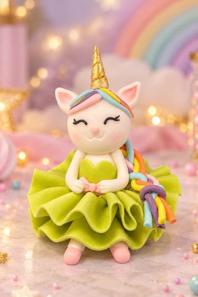 Handcrafted caticorn fondant cake topper figure with golden unicorn horn and green ruffled dress